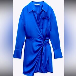 Zara Royal Blue Satin Wrap Dress, Size S